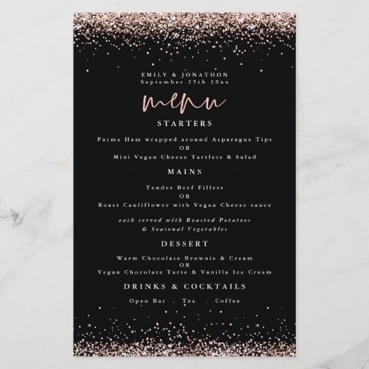 Budget Roos Gold Glitter Weddenschap Black Menu (Voorkant)