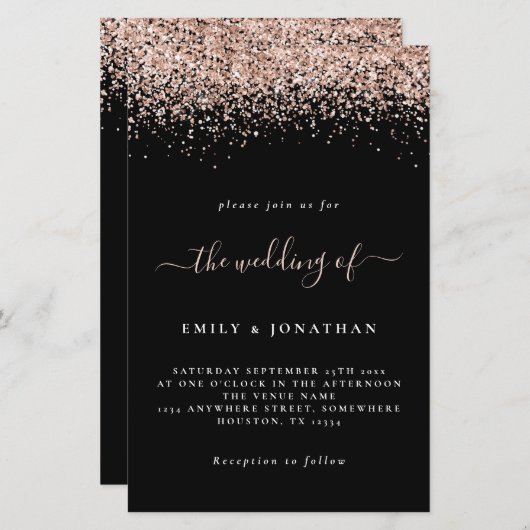 Budget Roos Gold Glitter Wedding Black Uitnodiging (Voorkant / Achterkant)