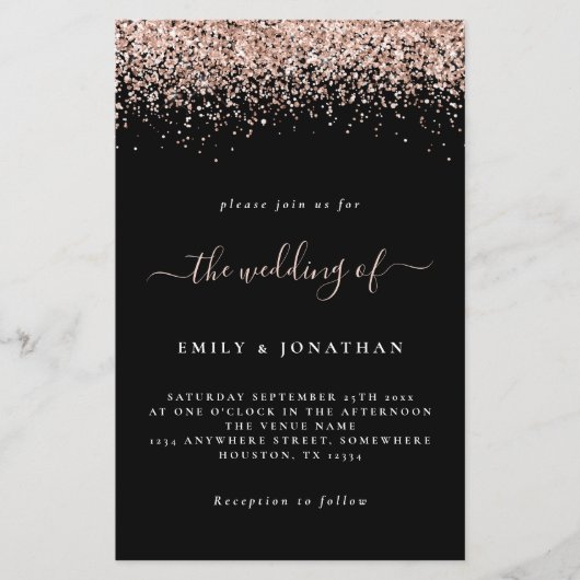 Budget Roos Gold Glitter Wedding Black Uitnodiging (Voorkant)
