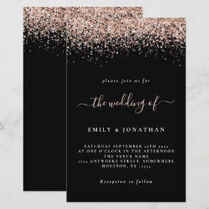 Budget Roos Gold Glitter Wedding Black Uitnodiging