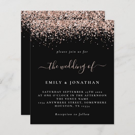 Budget Roos Gold Glitter Wedding Black Uitnodiging (Voorkant / Achterkant)