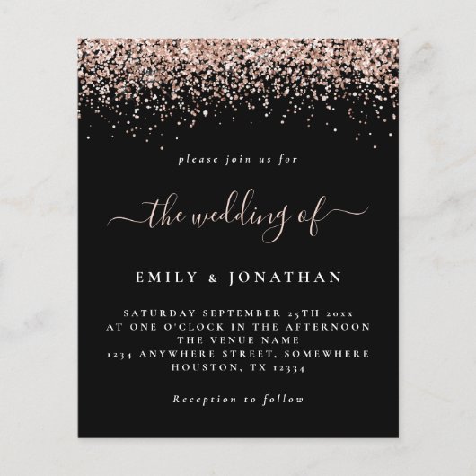 Budget Roos Gold Glitter Wedding Black Uitnodiging (Voorkant)
