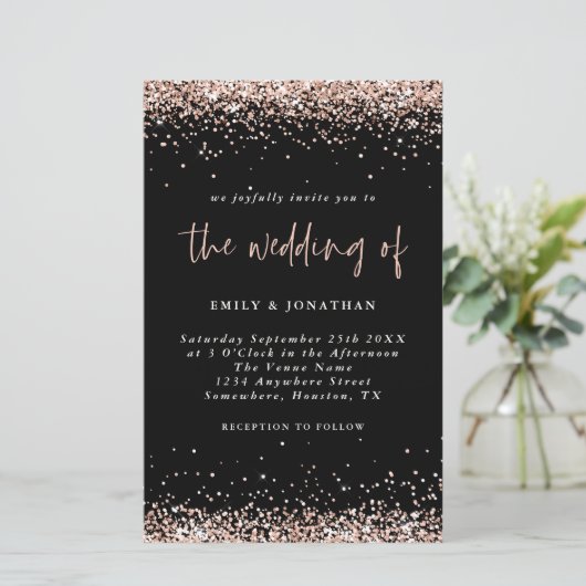 Budget Roos Gold Glitter Wedding Black Uitnodiging (Staand voorkant)