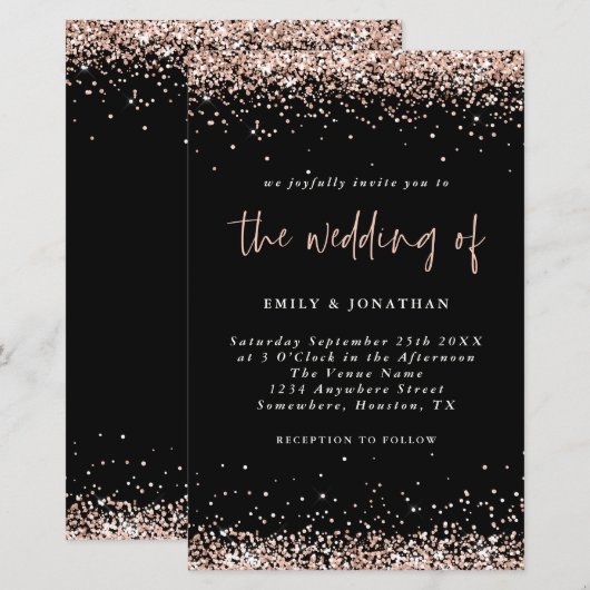 Budget Roos Gold Glitter Wedding Black Uitnodiging (Voorkant / Achterkant)