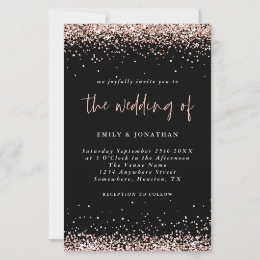 Budget Roos Gold Glitter Wedding Black Uitnodiging (Voorkant)