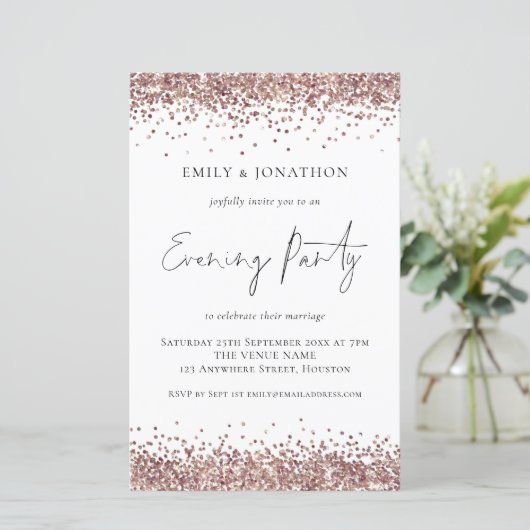 Budget Roos Gold Glitter Wedding Evening Invite (Staand voorkant)