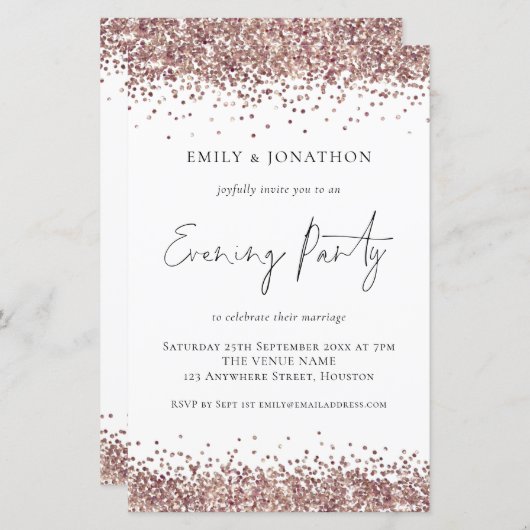Budget Roos Gold Glitter Wedding Evening Invite (Voorkant / Achterkant)
