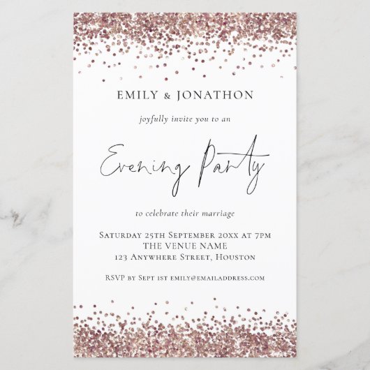 Budget Roos Gold Glitter Wedding Evening Invite (Voorkant)