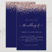 Budget Roos Gold Glitter Wedding Navy Blush Invite (Voorkant / Achterkant)