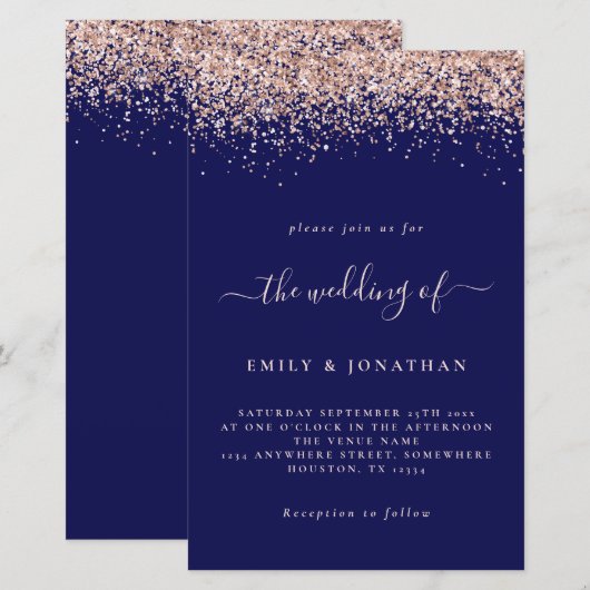 Budget Roos Gold Glitter Wedding Navy Blush Invite (Voorkant / Achterkant)