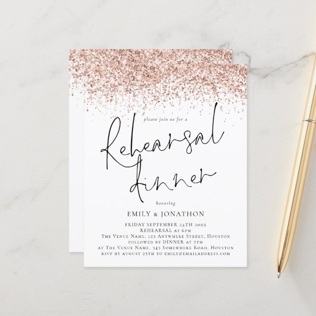 Budget Roos Gold Glitter Wedding Rehearsal Dinner (Voorkant / Achterkant in situ)