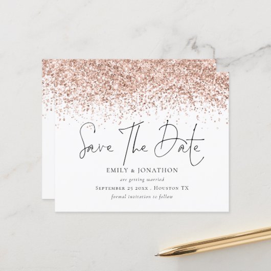 Budget Roos Gold Glitter Wedding Save the Date (Voorkant / Achterkant in situ)