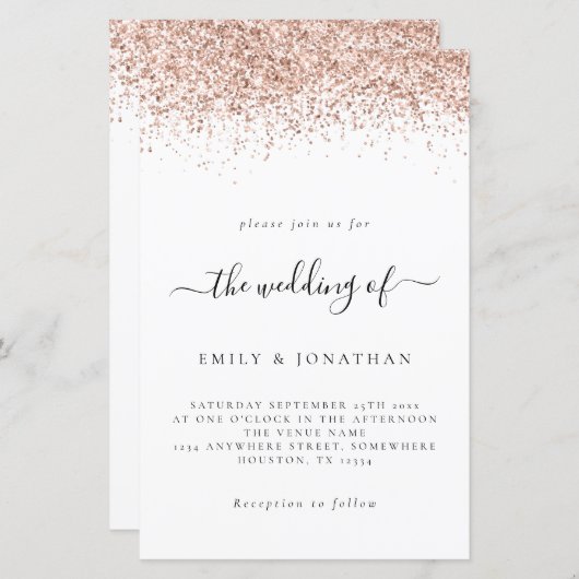 Budget Roos Gold Glitter Wedding White uitgenodigd (Voorkant / Achterkant)