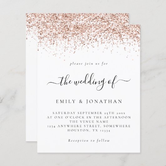 Budget Roos Gold Glitter Wedding White uitgenodigd (Voorkant / Achterkant)