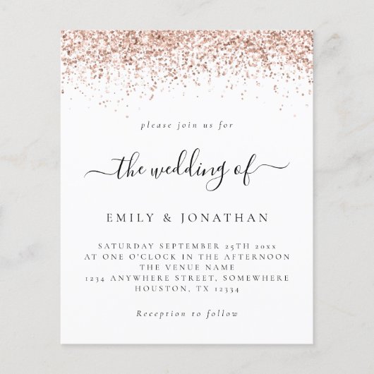 Budget Roos Gold Glitter Wedding White uitgenodigd (Voorkant)