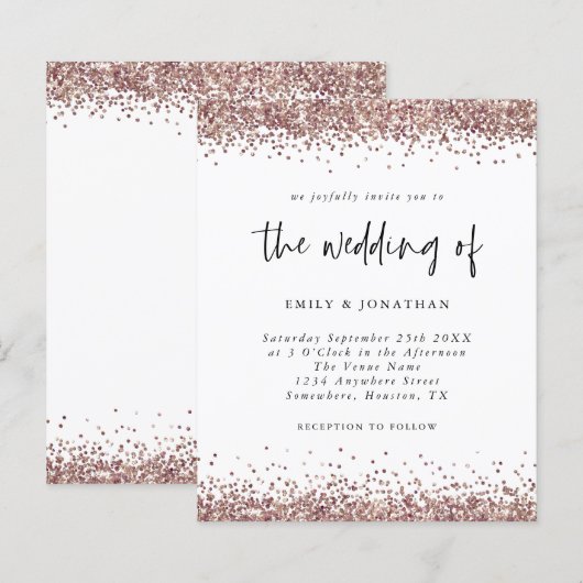 Budget Roos Gold Glitter Wedding White Uitnodiging (Voorkant / Achterkant)