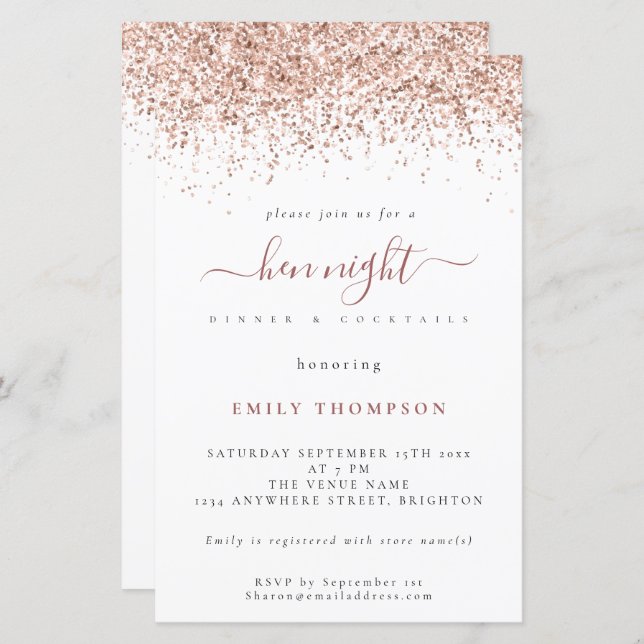 Budget Roos Gold Glitter White Hen Night Invite (Voorkant / Achterkant)