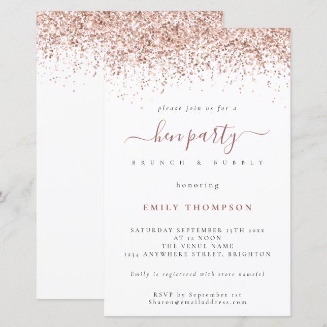 Budget Roos Gold Glitter White Hen Party Invite (Voorkant / Achterkant)