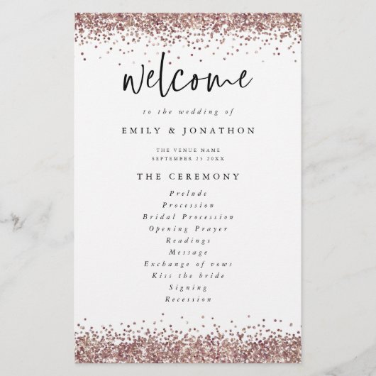 Budget Roos Gold Glitter White Wedding Program (Voorkant)