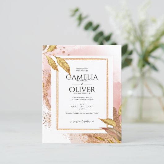 BUDGET Roos Gold Leaves Weduwen Uitnodigt QR Code  (Staand voorkant)