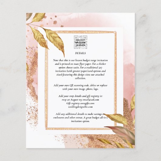 BUDGET Roos Gold Leaves Weduwen Uitnodigt QR Code  Flyer (Achterkant)