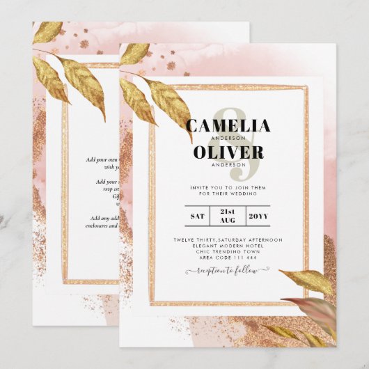 BUDGET Roos Gold Leaves Weduwen Uitnodigt QR Code  Kaart (Voorkant / Achterkant)