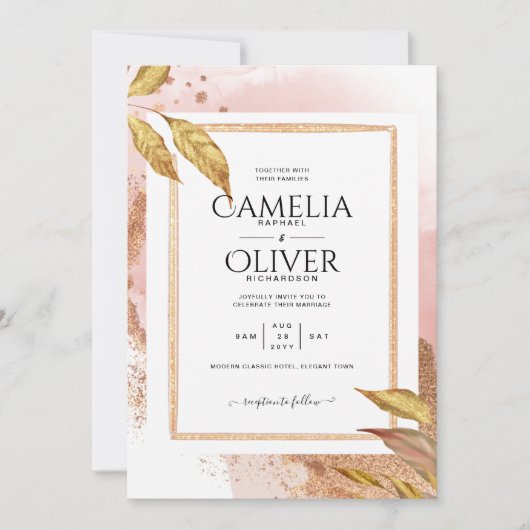 BUDGET Roos Gold Leaves Weduwen Uitnodigt QR Code  Kaart (Voorkant)