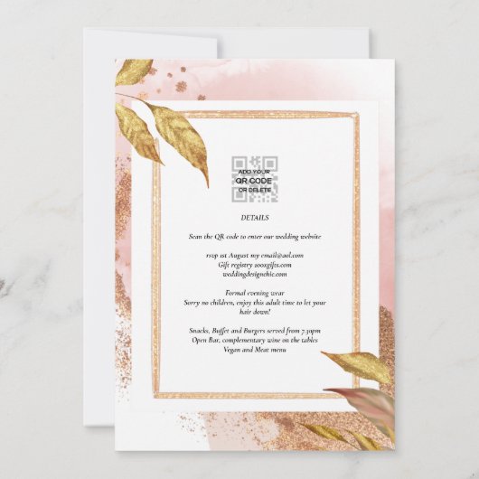BUDGET Roos Gold Leaves Weduwen Uitnodigt QR Code  Kaart (Achterkant)