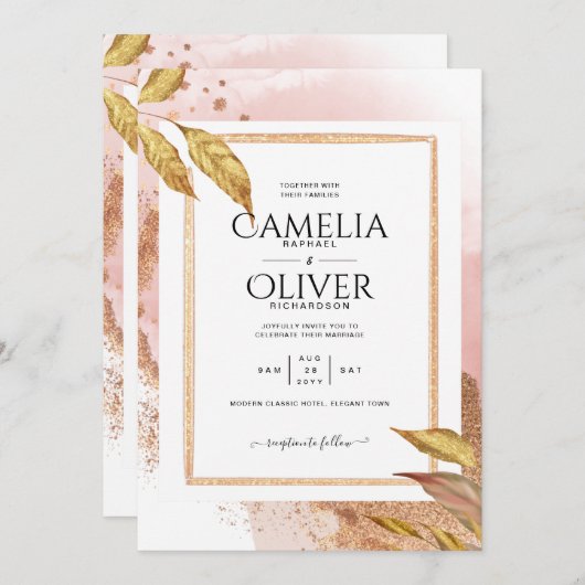 BUDGET Roos Gold Leaves Weduwen Uitnodigt QR Code  Kaart (Voorkant / Achterkant)