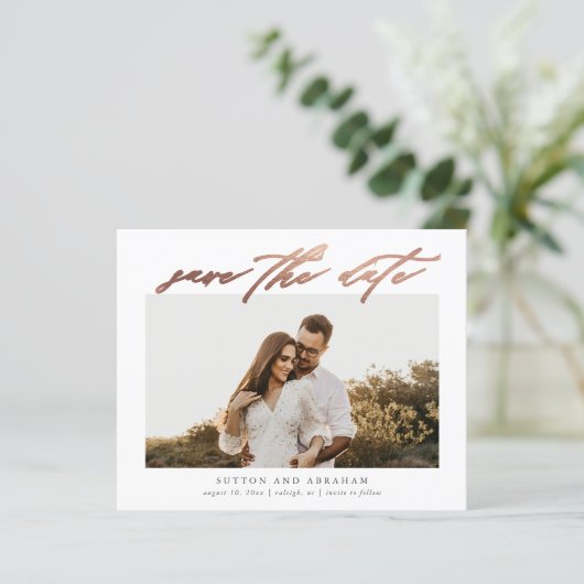 Budget Roos Gold Script Photo Save the Date (Staand voorkant)