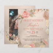 Budget roos Gold Sweet Sixteen foto Uitnodiging (Voorkant / Achterkant)