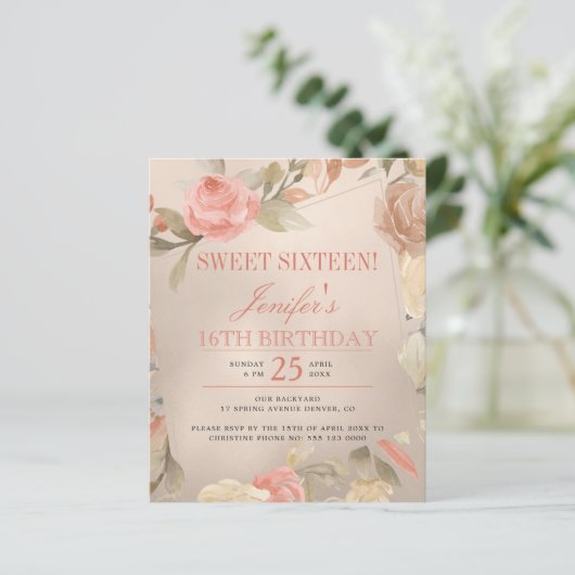 Budget roos Gold Sweet Sixteen foto Uitnodiging (Staand voorkant)