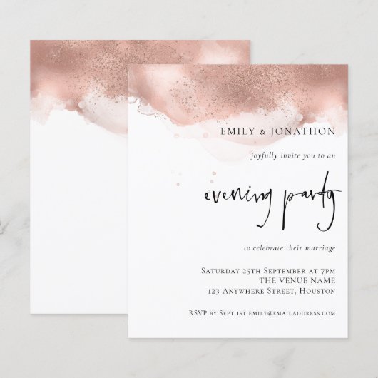 Budget Roos Gold Wedding Evening Party Uitnodiging (Voorkant / Achterkant)