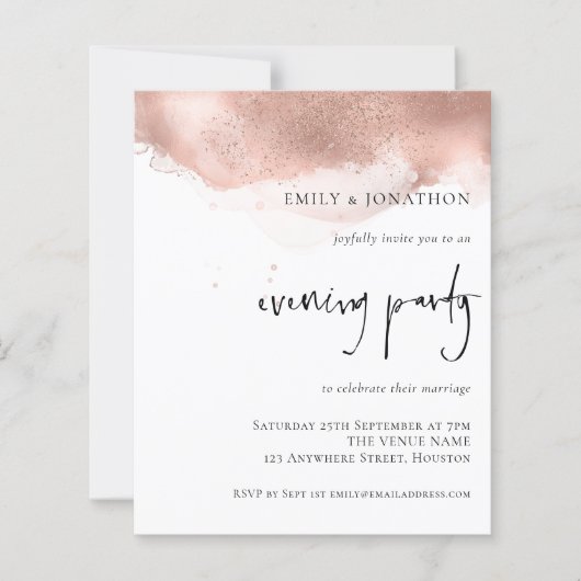 Budget Roos Gold Wedding Evening Party Uitnodiging (Voorkant)