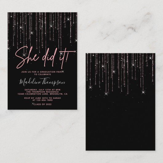 Budget Roos Gold Ze deed het Afstuderen Uitnodigin Notitiekaartje (Voorkant / Achterkant)