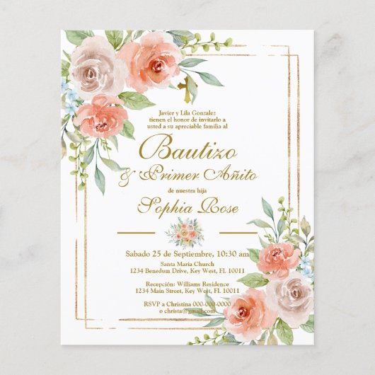 Budget Rosas para Bautizo & Primer Añito Uitnodige (Voorkant)