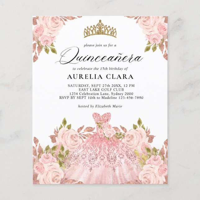 BUDGET Rosegold Roze Jurk Bloemen 15e Quinceañera (Voorkant)