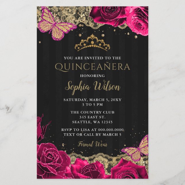 Budget Roses Black Quinceañera Uitnodiging (Voorkant)