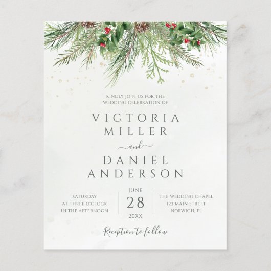 Budget Roustic Winter Greenery Wedding Invitation (Voorkant)
