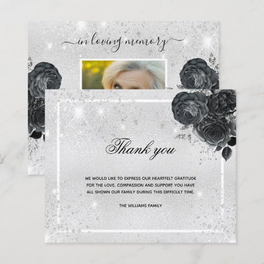 Budget rouwkaart zilver zwart foto bedankt (Voorkant / Achterkant)