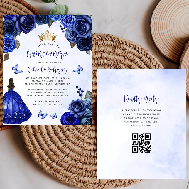 Budget Royal Blauw Bloem QR Code Quinceañera (Creator heeft geüpload)