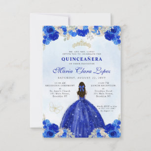 Budget Royal Blauw Goud Bloemen Prinses Quinceañer Notitiekaartje