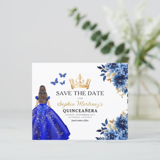 Budget Royal Blauw Save the Date Quinceanera (Staand voorkant)