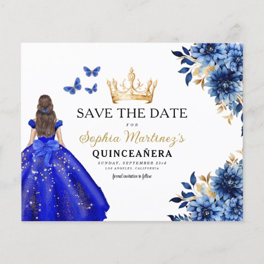 Budget Royal Blauw Save the Date Quinceanera (Voorkant)