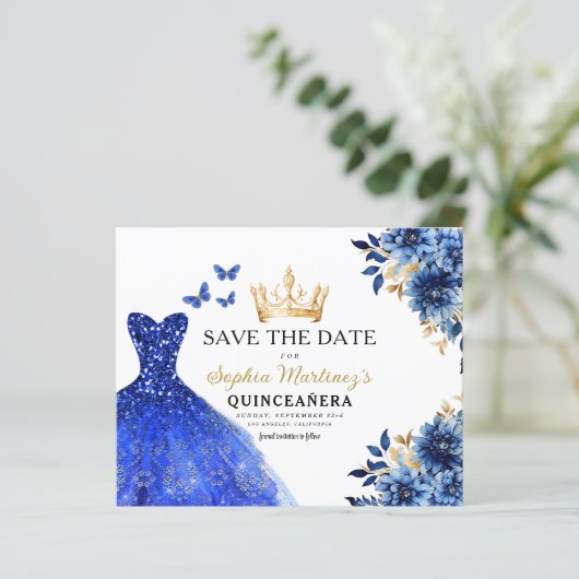 Budget Royal Blauw Save the Date Quinceanera (Staand voorkant)