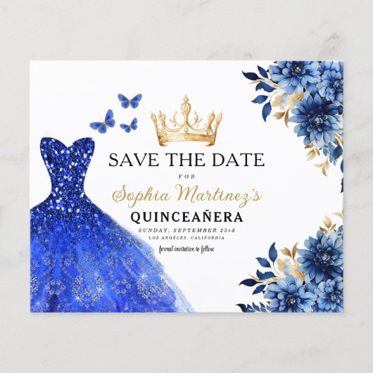 Budget Royal Blauw Save the Date Quinceanera (Voorkant)