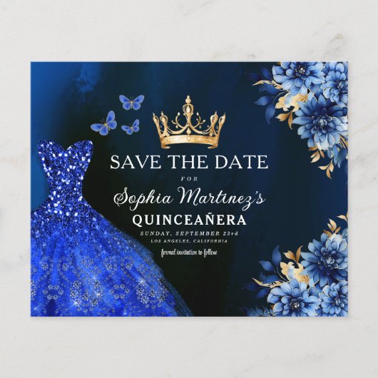 Budget Royal Blauw Save the Date Quinceanera Flyer (Voorkant)