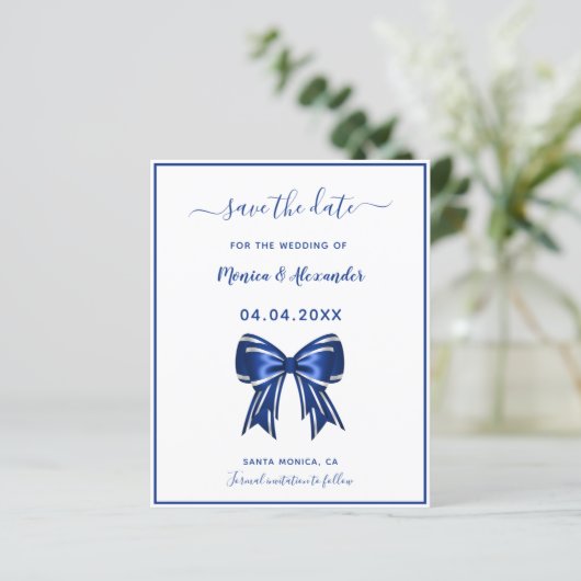 Budget royal blue bow bruiloft Save the Date (Staand voorkant)