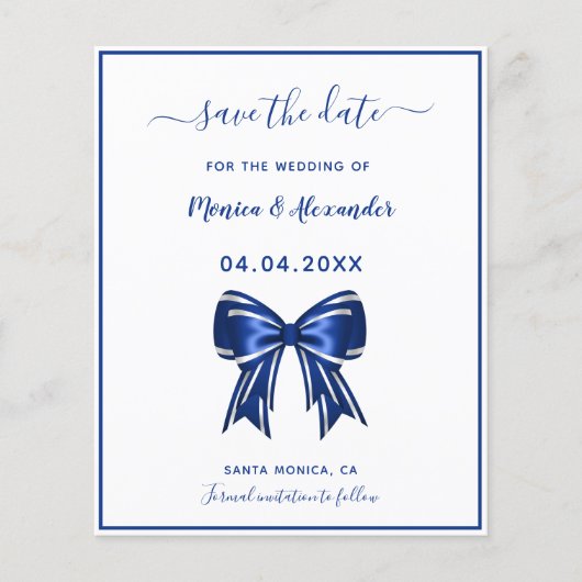 Budget royal blue bow bruiloft Save the Date (Voorkant)