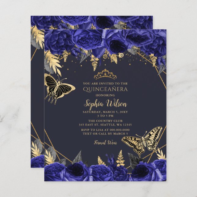 Budget Royal Blue Butterfly Quinceañera Uitnodigin (Voorkant / Achterkant)